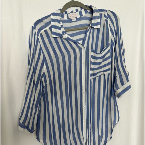 Rayon white and blue stripped long sleeve button up blouse - Picture 2 of 4